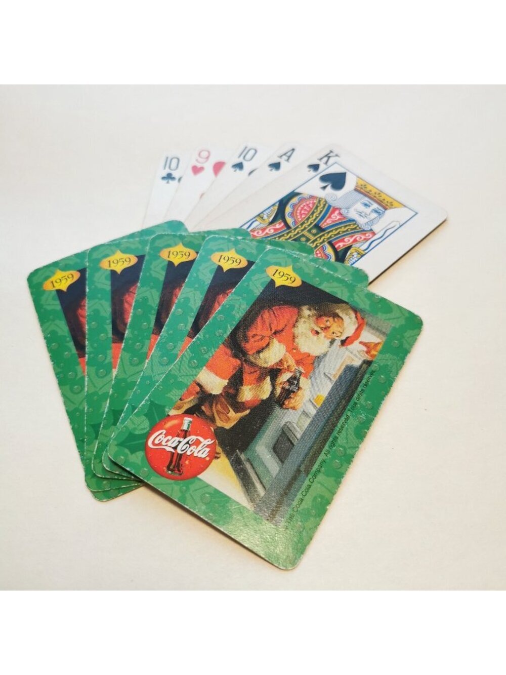 2/$10  Vintage Christmas Coca Cola Santa Green Playing Cards Set of 10 Coke